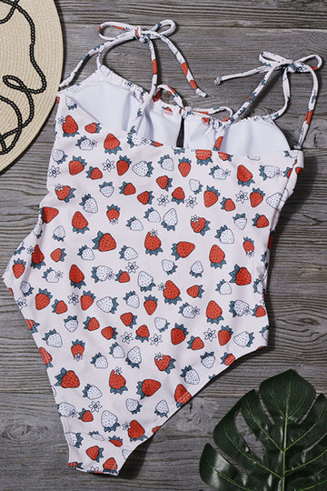 White One Piece Printed Swimwear with Strawberries